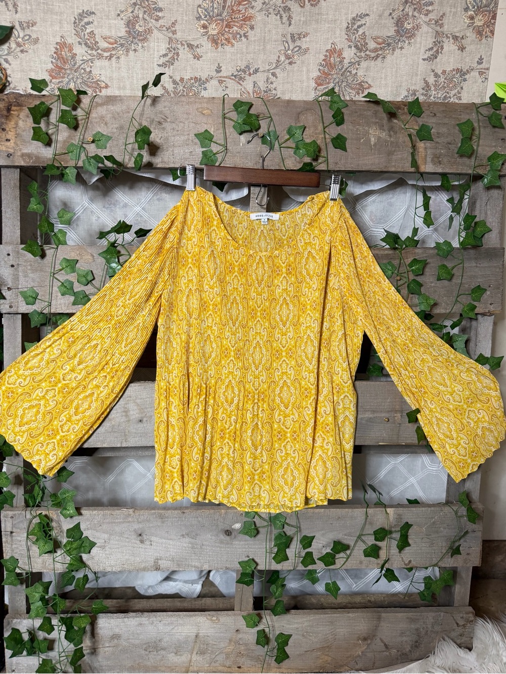 Rose & Olive Yellow Paisley Bell Sleeve Blouse